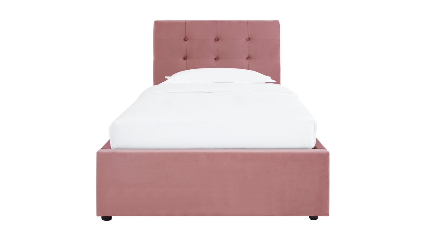 Lit coffre adulte 90x190 cm avec tête de lit capitonnée en velours rose et sommier - Tina