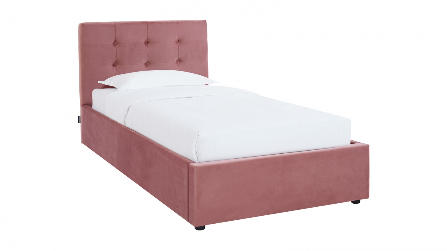 Lit coffre adulte 90x190 cm avec tête de lit capitonnée en velours rose et sommier - Tina