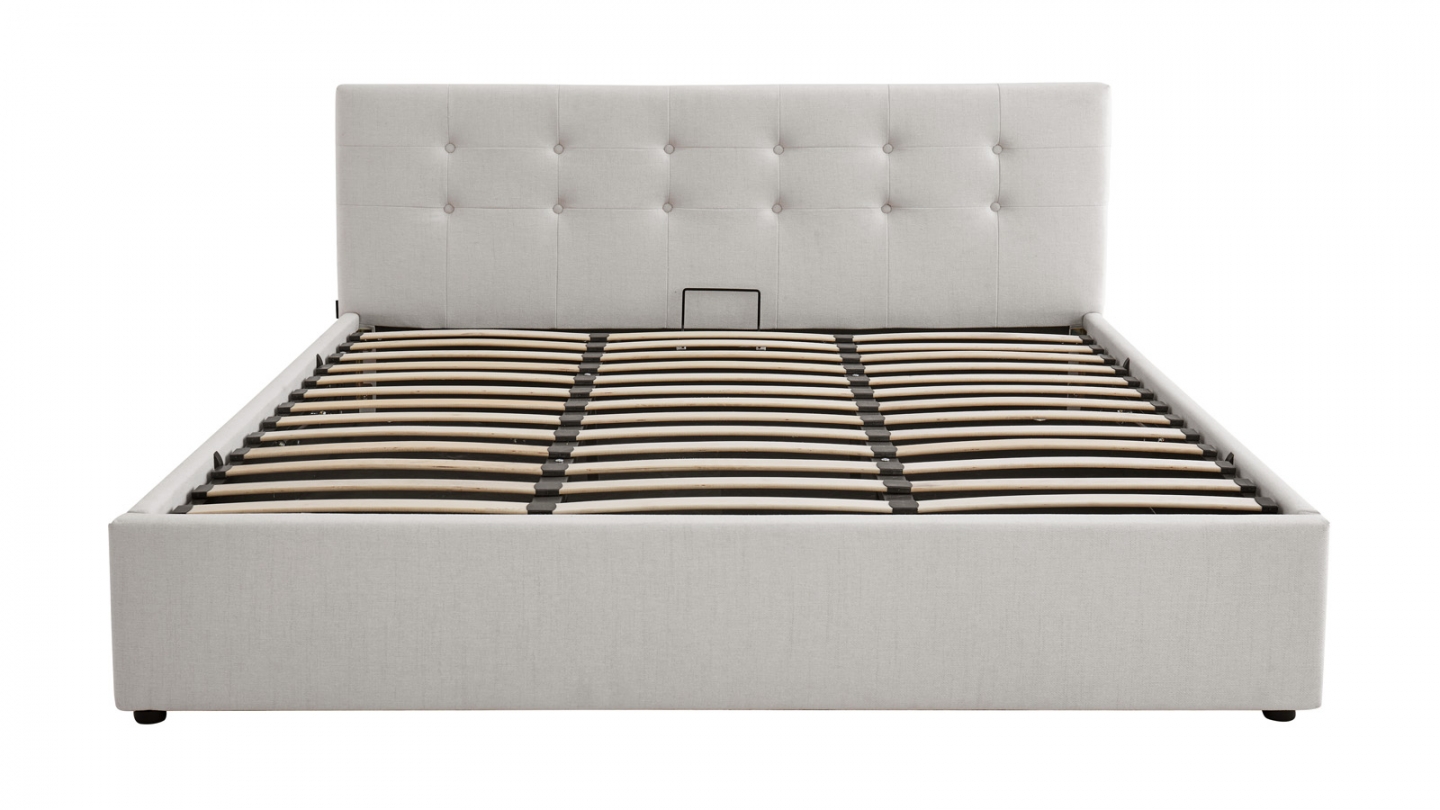 Lit coffre adulte 180x200 cm avec tête de lit capitonnée en tissu beige et sommier - Tina