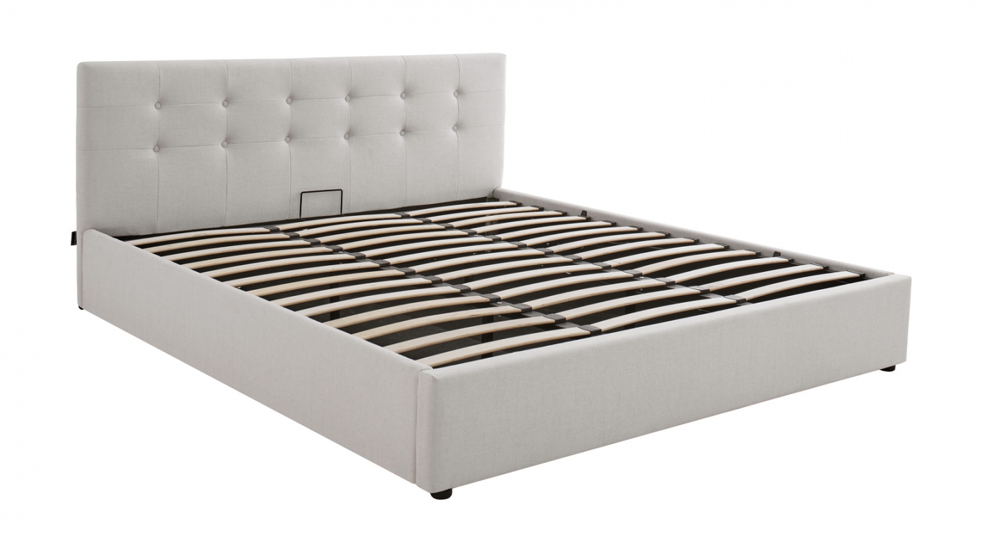 Lit coffre adulte 180x200 cm avec tête de lit capitonnée en tissu beige et sommier - Tina