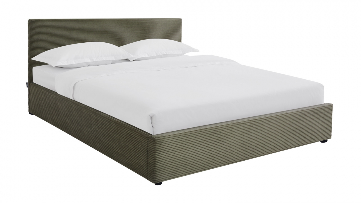 Lit coffre adulte 140x190 cm avec tête de lit capitonnée en velours côtelé vert et sommier - Tina