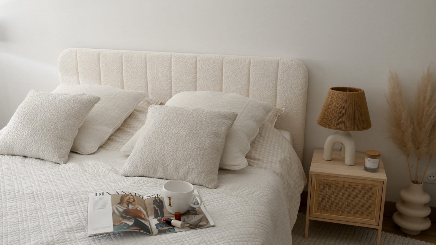 Lit coffre adulte 140x190 cm avec tête de lit capitonnée en tissu bouclé beige - Ava