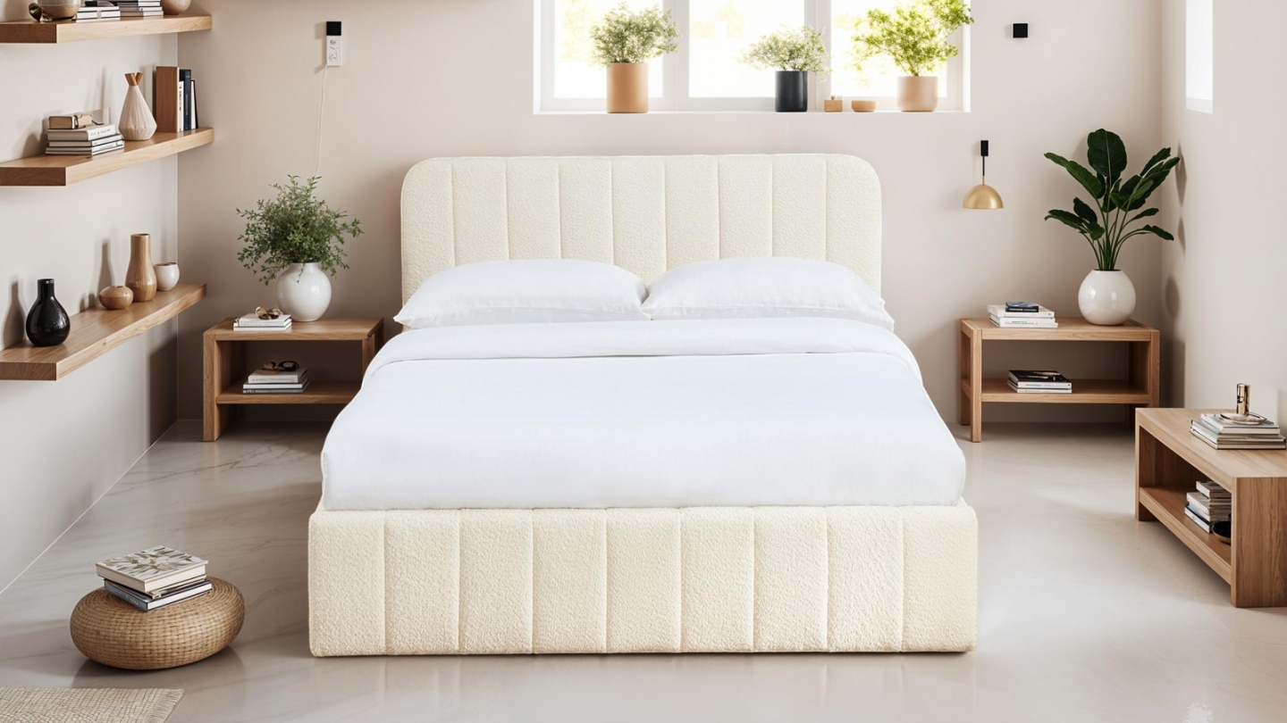 Lit coffre adulte 140x190 cm avec tête de lit capitonnée en tissu bouclé beige - Ava