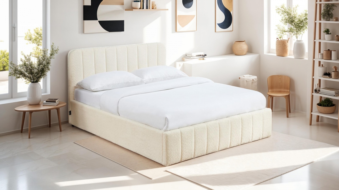 Lit coffre adulte 140x190 cm avec tête de lit capitonnée en tissu bouclé beige - Ava