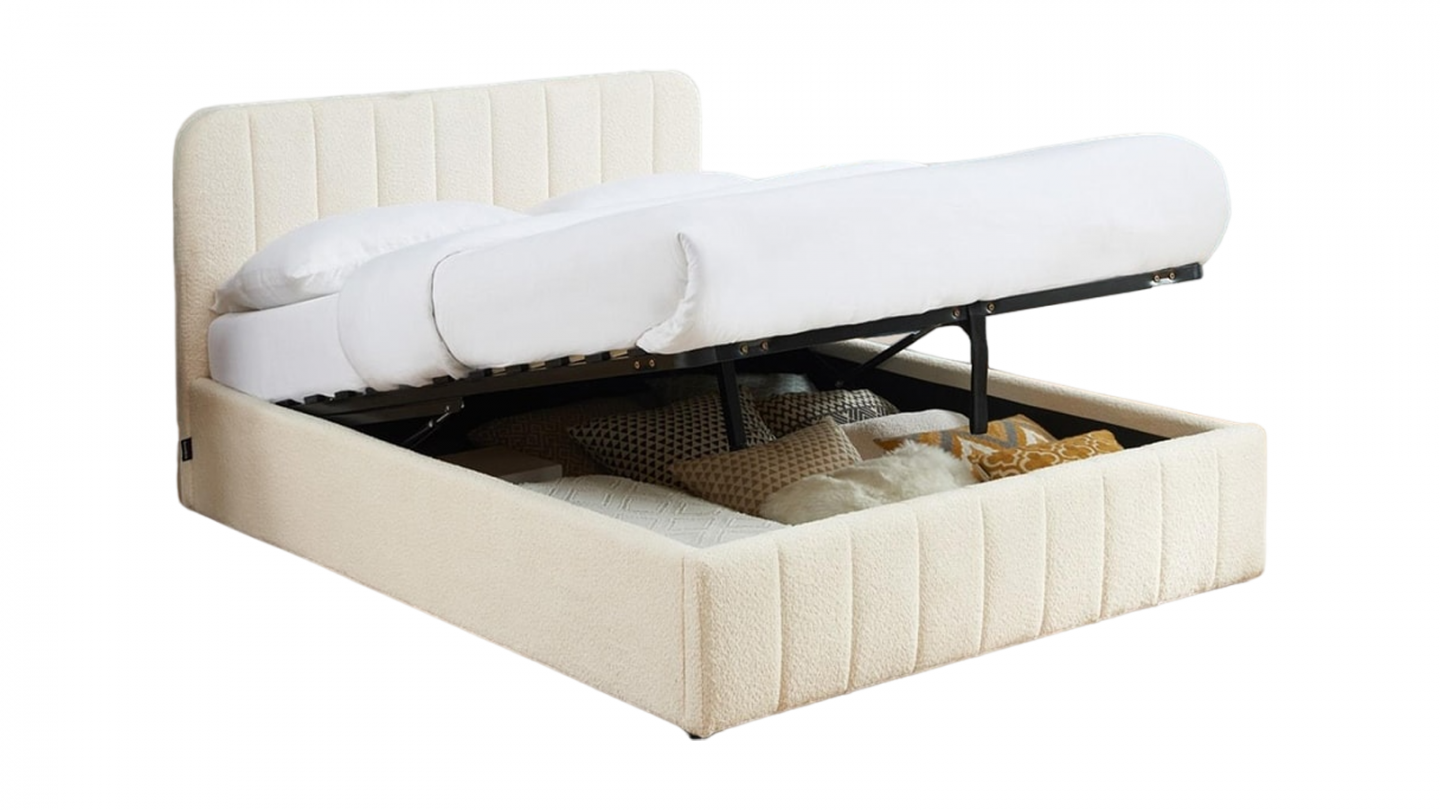 Lit coffre adulte 140x190 cm avec tête de lit capitonnée en tissu bouclé beige - Ava