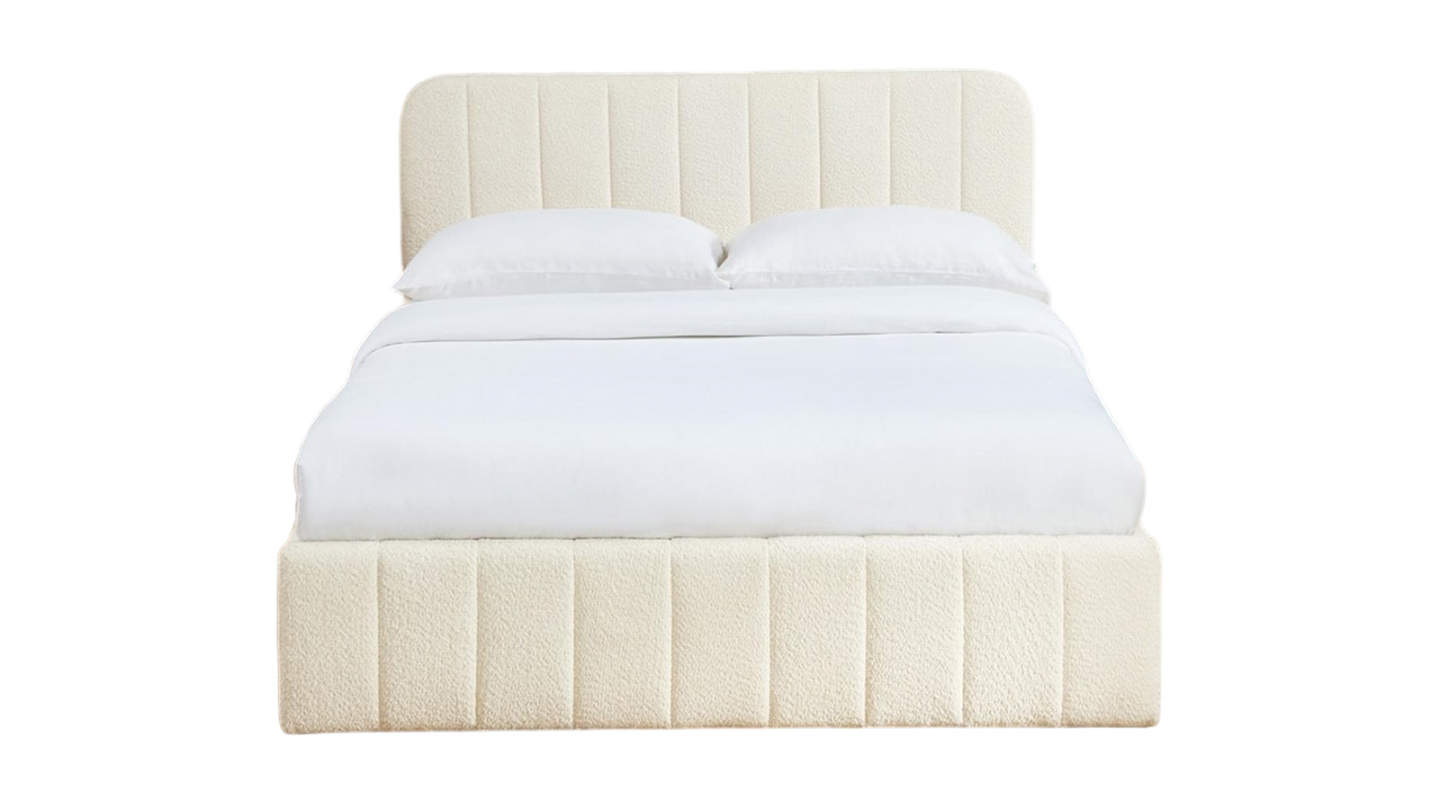 Lit coffre adulte 140x190 cm avec tête de lit capitonnée en tissu bouclé beige - Ava