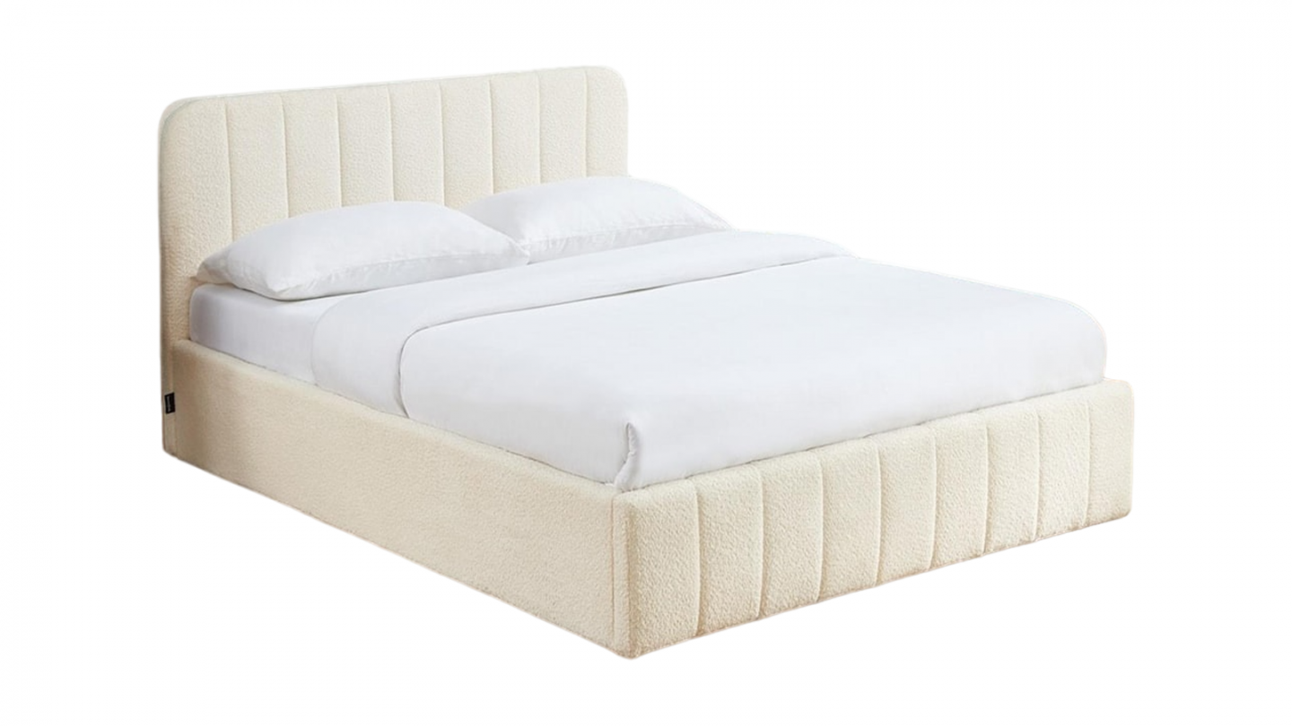 Lit coffre adulte 140x190 cm avec tête de lit capitonnée en tissu bouclé beige - Ava