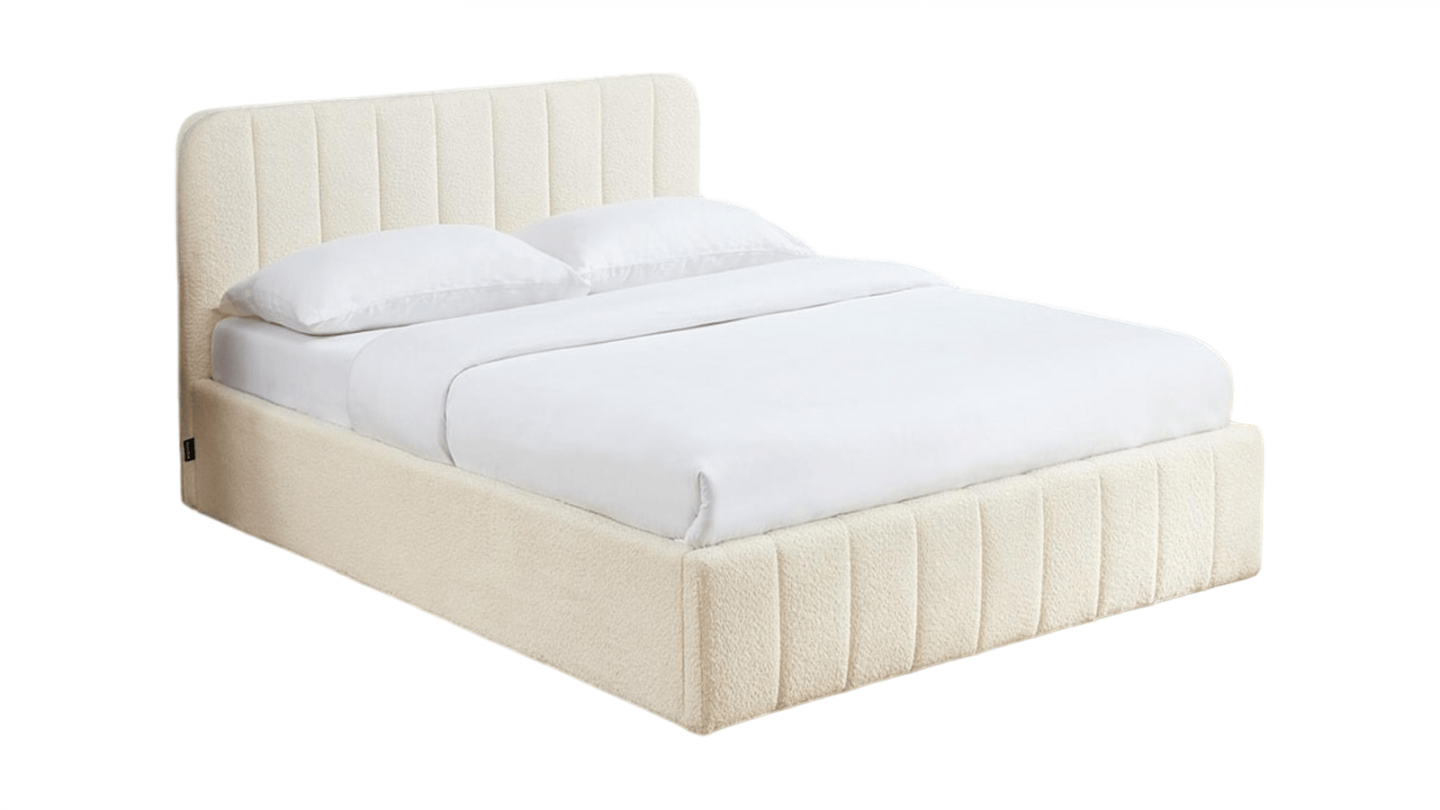 Lit coffre adulte 160x200 cm avec tête de lit capitonnée en tissu bouclé beige - Ava