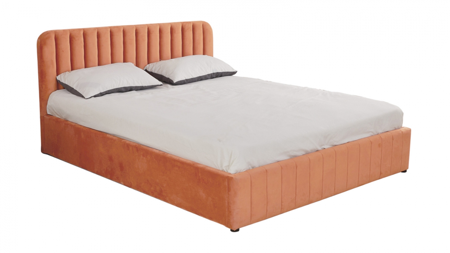 Lit coffre adulte 140x190 cm avec tête de lit capitonnée en velours terracotta - Ava