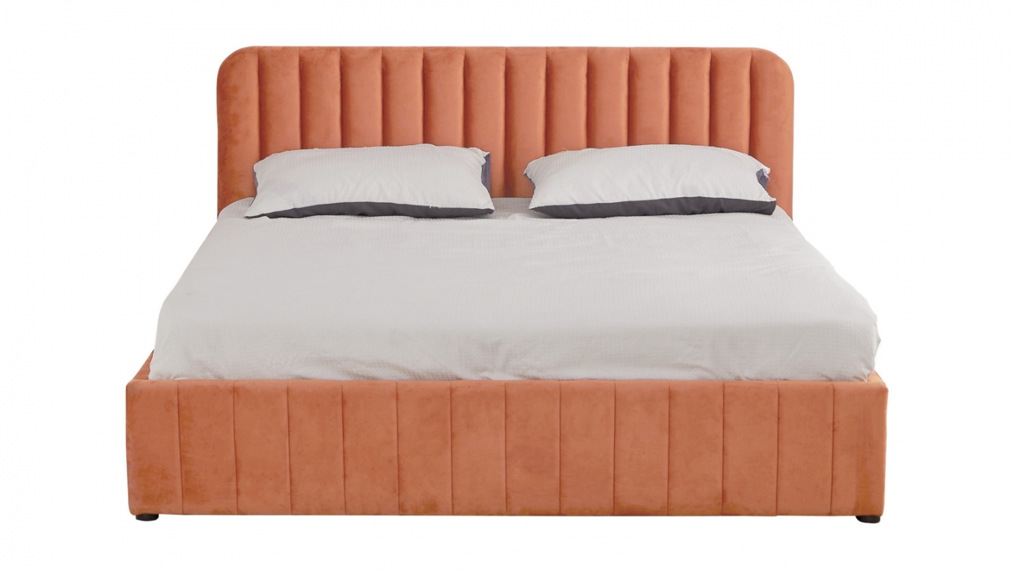 Lit coffre adulte 140x190 cm avec tête de lit capitonnée en velours terracotta - Ava