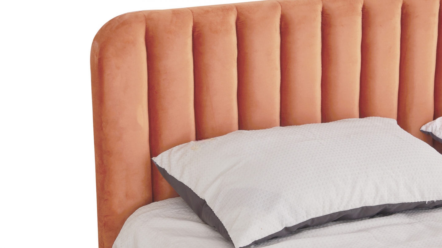 Lit coffre adulte 140x190 cm avec tête de lit capitonnée en velours terracotta - Ava