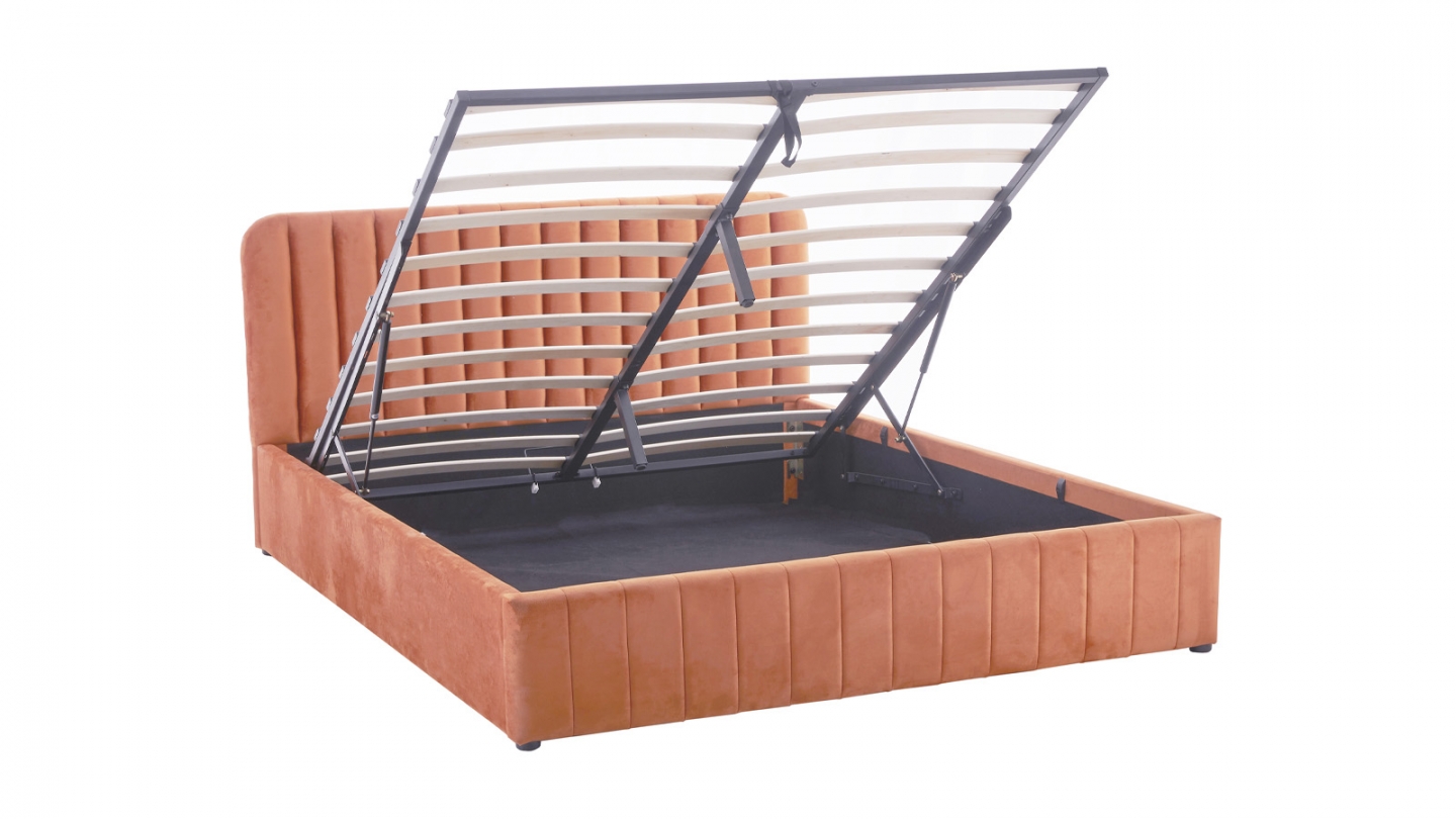 Lit coffre adulte 140x190 cm avec tête de lit capitonnée en velours terracotta - Ava