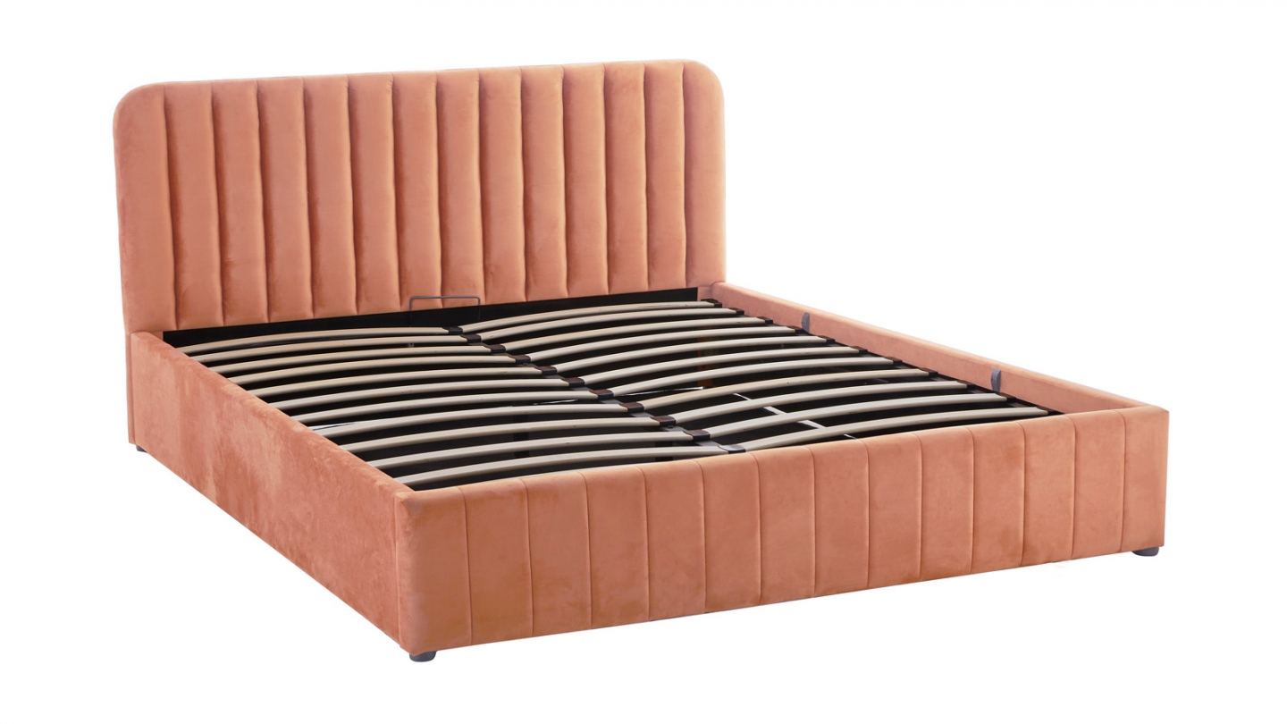 Lit coffre adulte 140x190 cm avec tête de lit capitonnée en velours terracotta - Ava