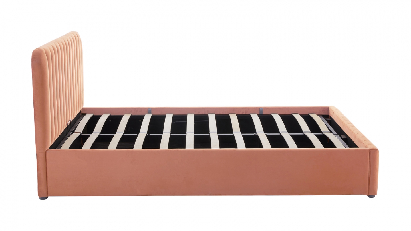 Lit coffre adulte 140x190 cm avec tête de lit capitonnée en velours terracotta - Ava