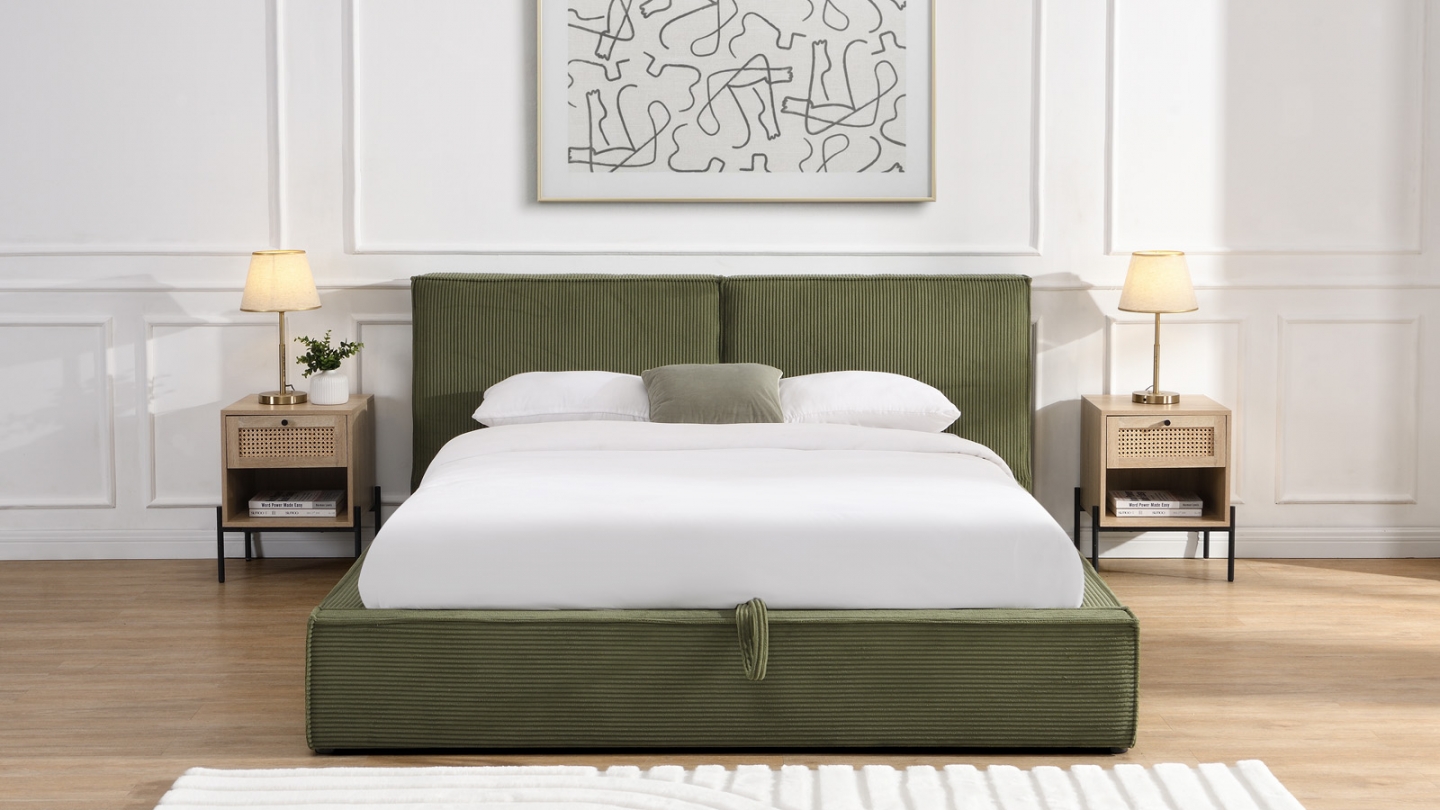 Lit coffre adulte 180x200 cm avec sommier et tête de lit matelassée en velours côtelé vert kaki - Arno