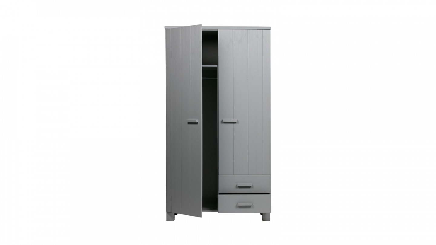 Armoire 2 portes 2 tiroirs en pin gris béton - Collection Dennis - Woood