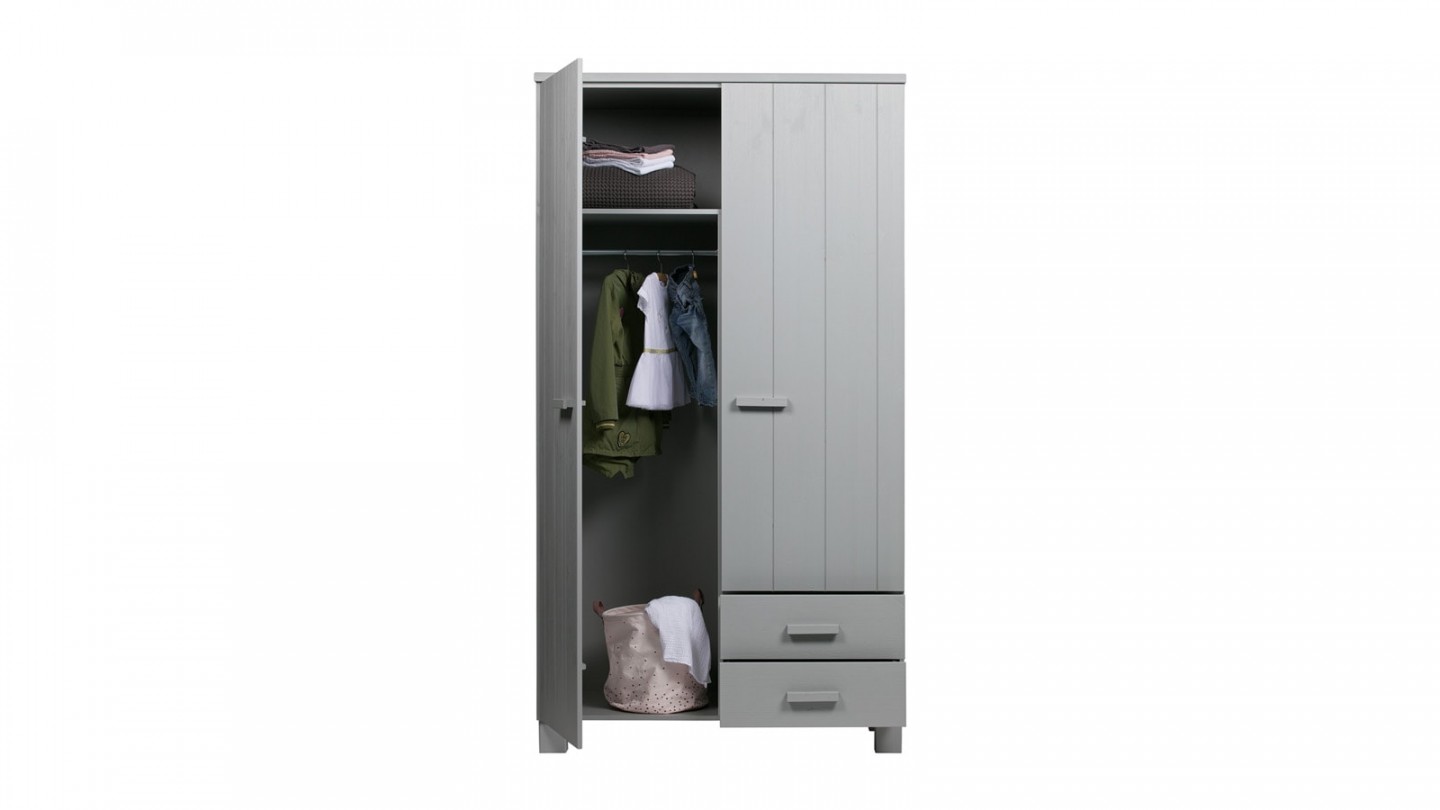 Armoire 2 portes 2 tiroirs en pin gris béton - Collection Dennis - Woood