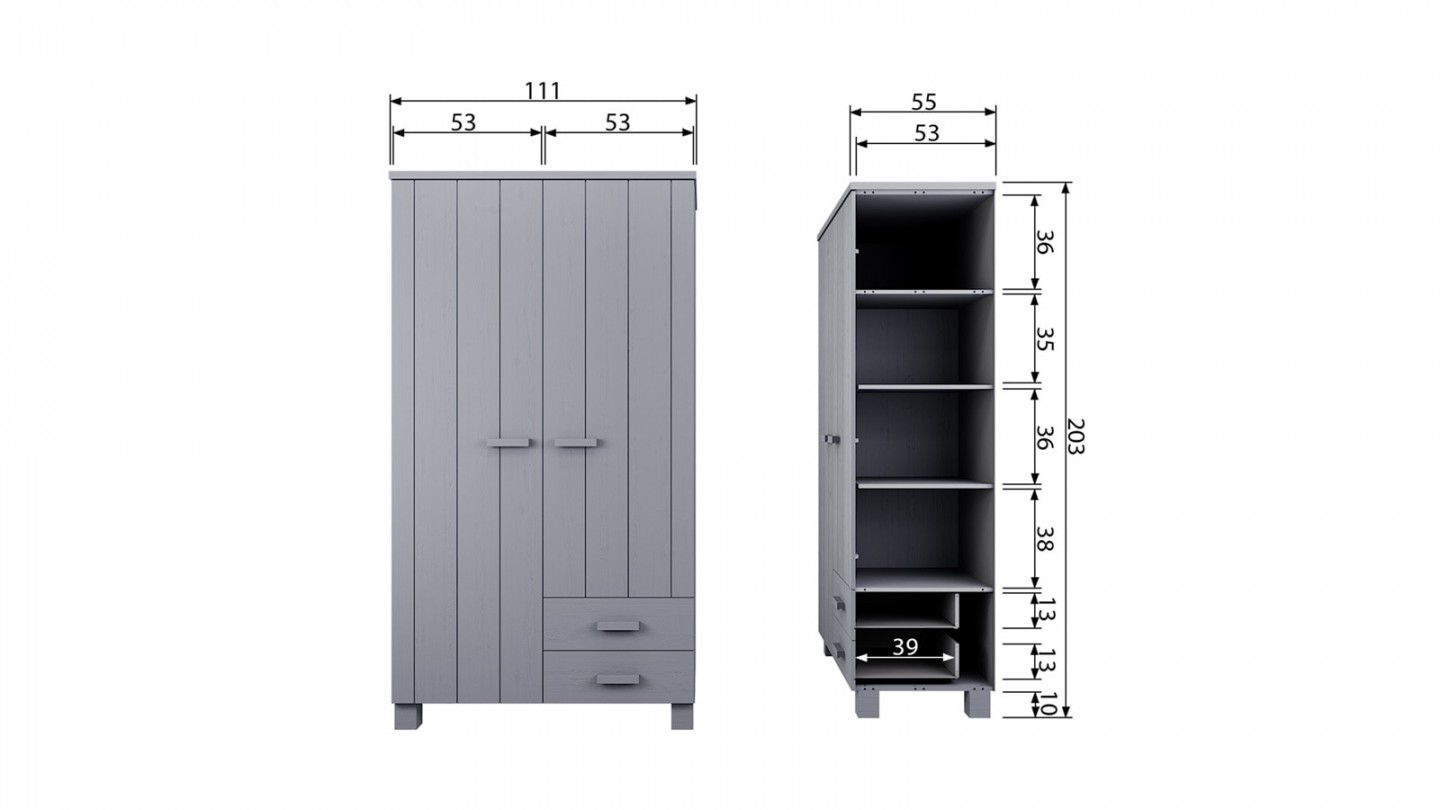 Armoire 2 portes 2 tiroirs en pin gris béton - Collection Dennis - Woood