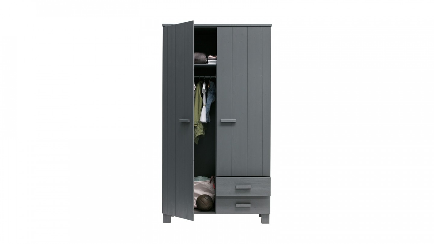 Armoire 2 portes 2 tiroirs en pin gris anthracite - Collection Dennis - Woood