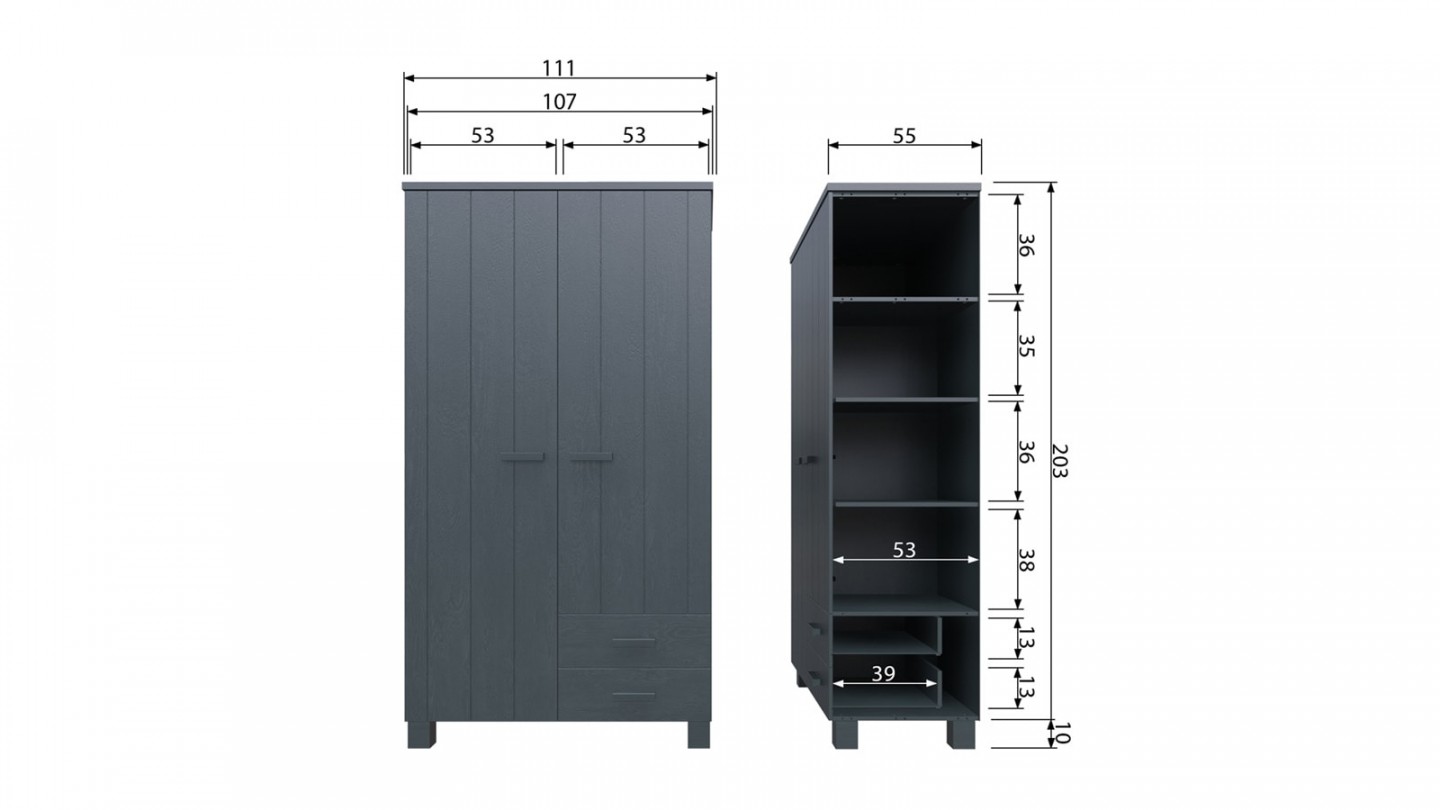 Armoire 2 portes 2 tiroirs en pin gris anthracite - Collection Dennis - Woood