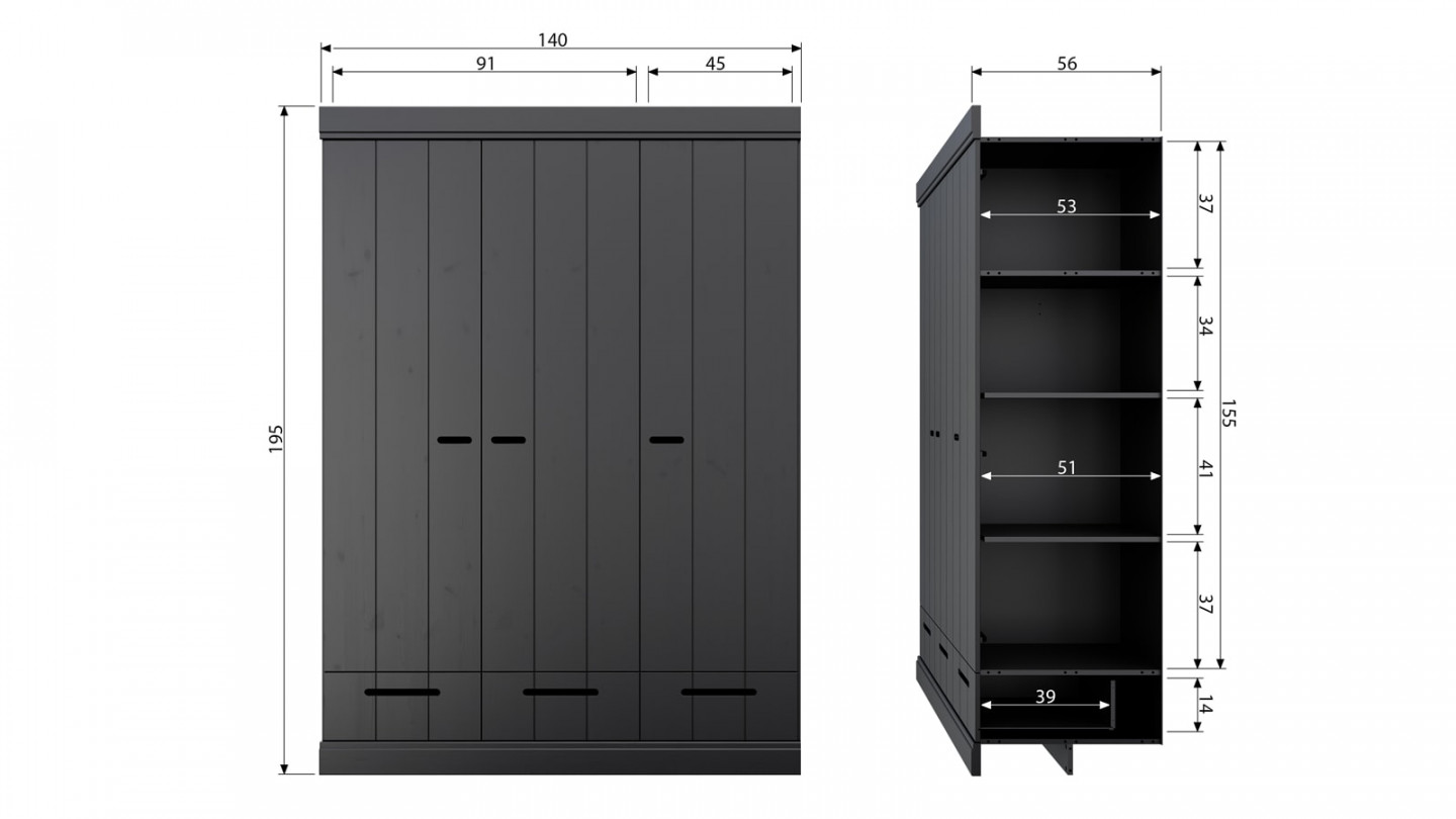 Armoire 3 portes 3 tiroirs en pin noir - Collection Connect - Woood