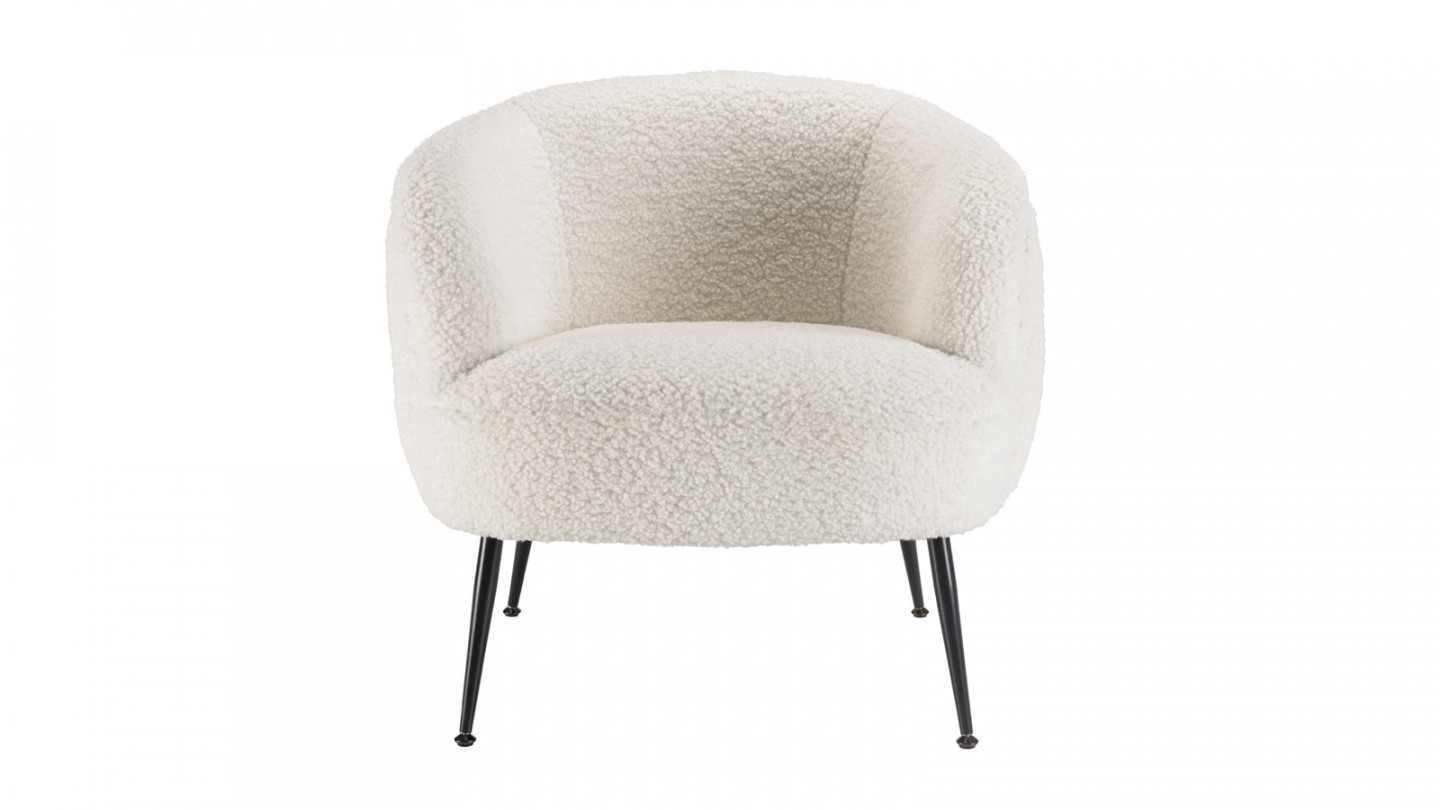 Fauteuil cosy tissu bouclette écru pieds métal noir - Albane