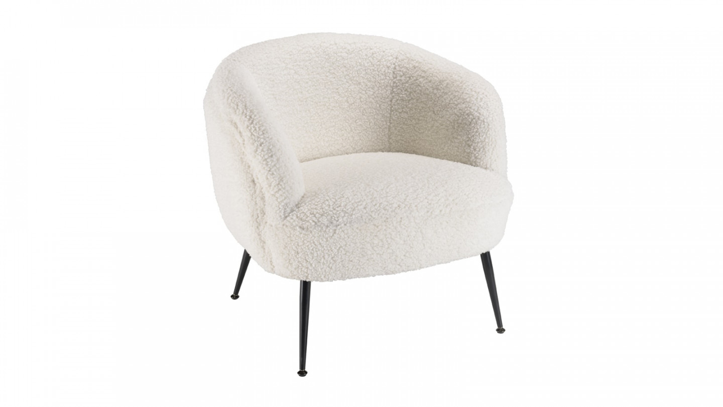 Fauteuil cosy tissu bouclette écru pieds métal noir - Albane