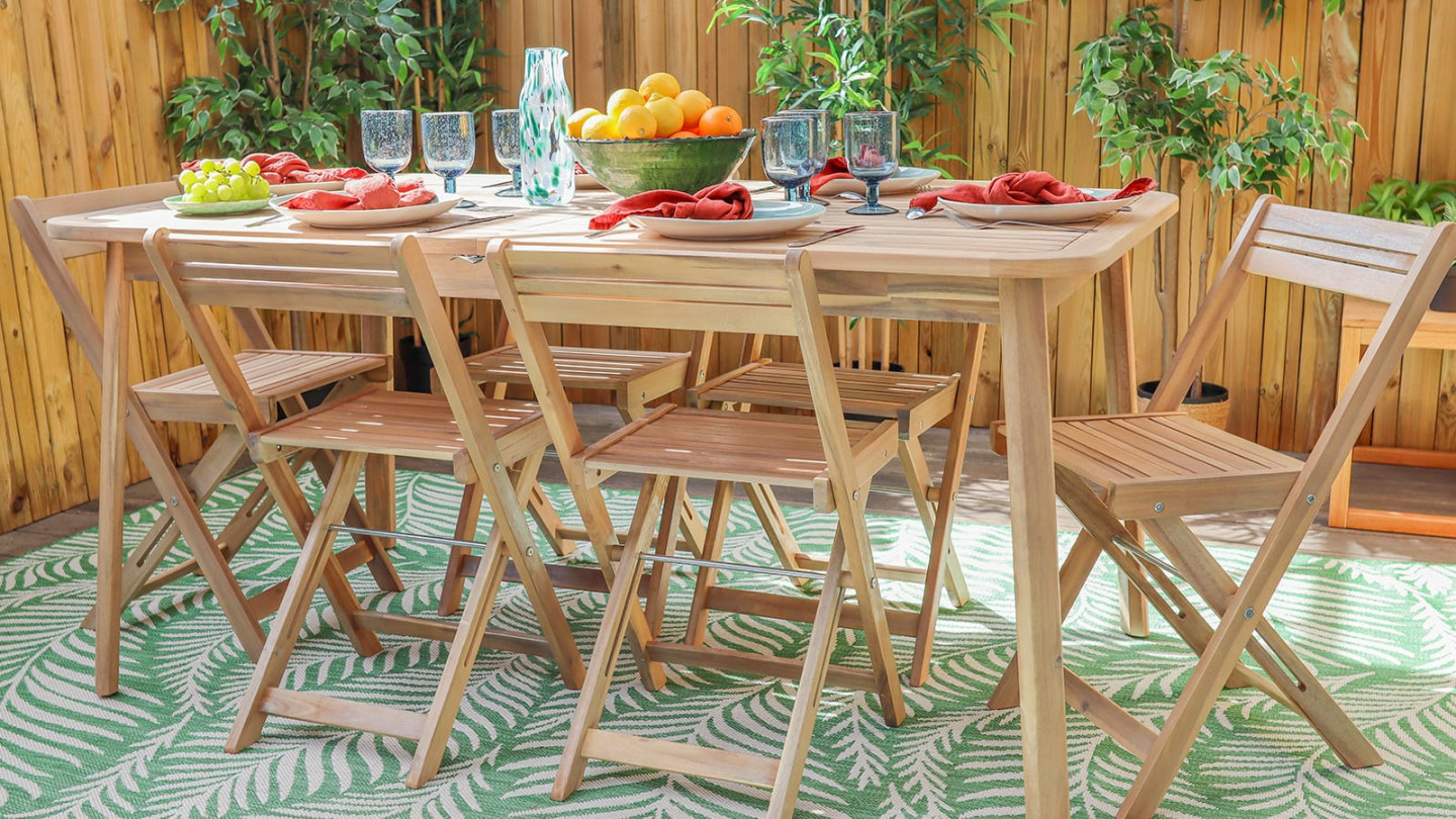 Ensemble table de jardin extensible en acacia blanchi 160/210 cm +