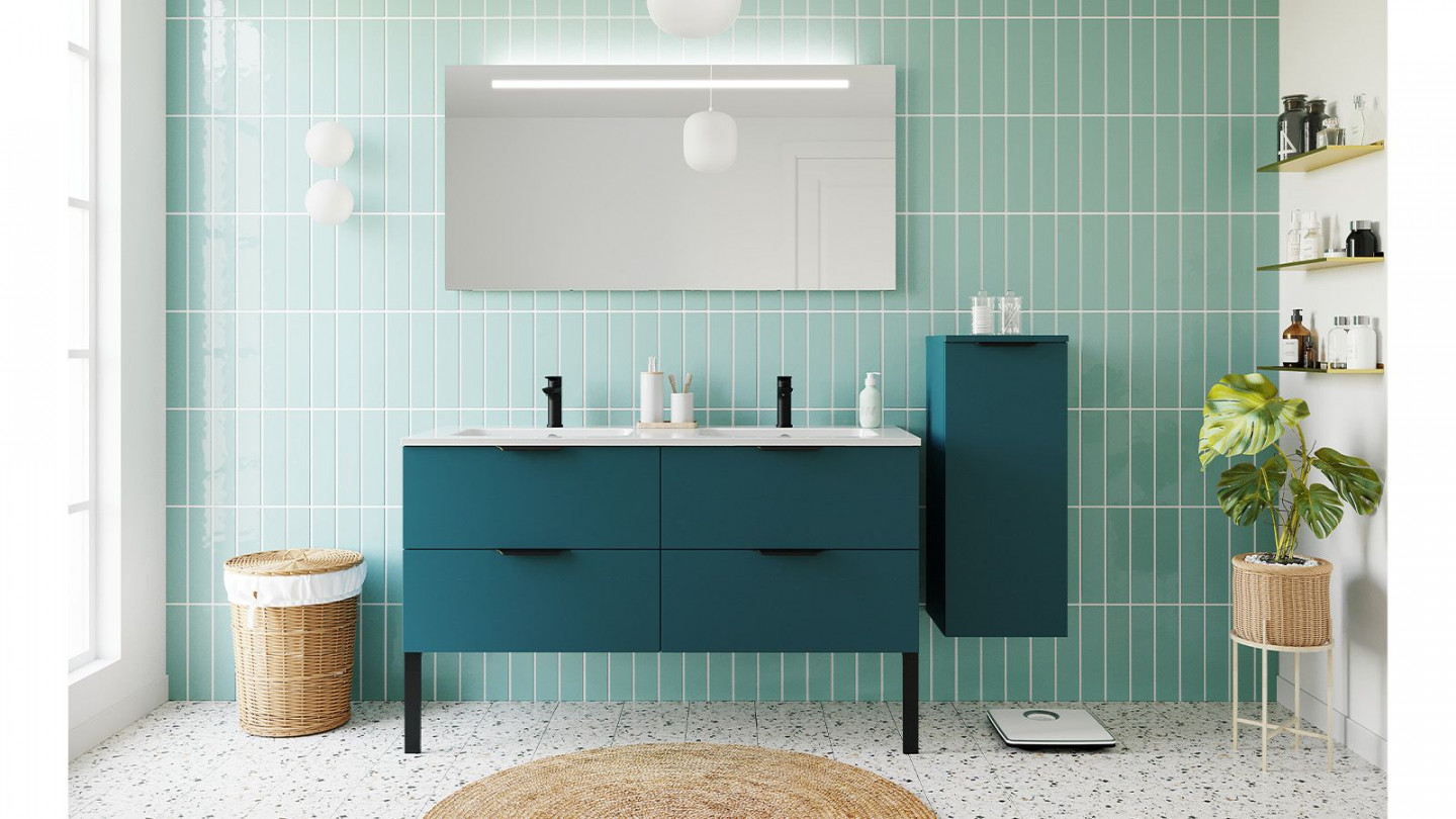 Meuble de salle de bain suspendu double vasque intégrée 140cm 4 tiroirs  Bleu + miroir + colonne ouverture droite - Soho - Homifab