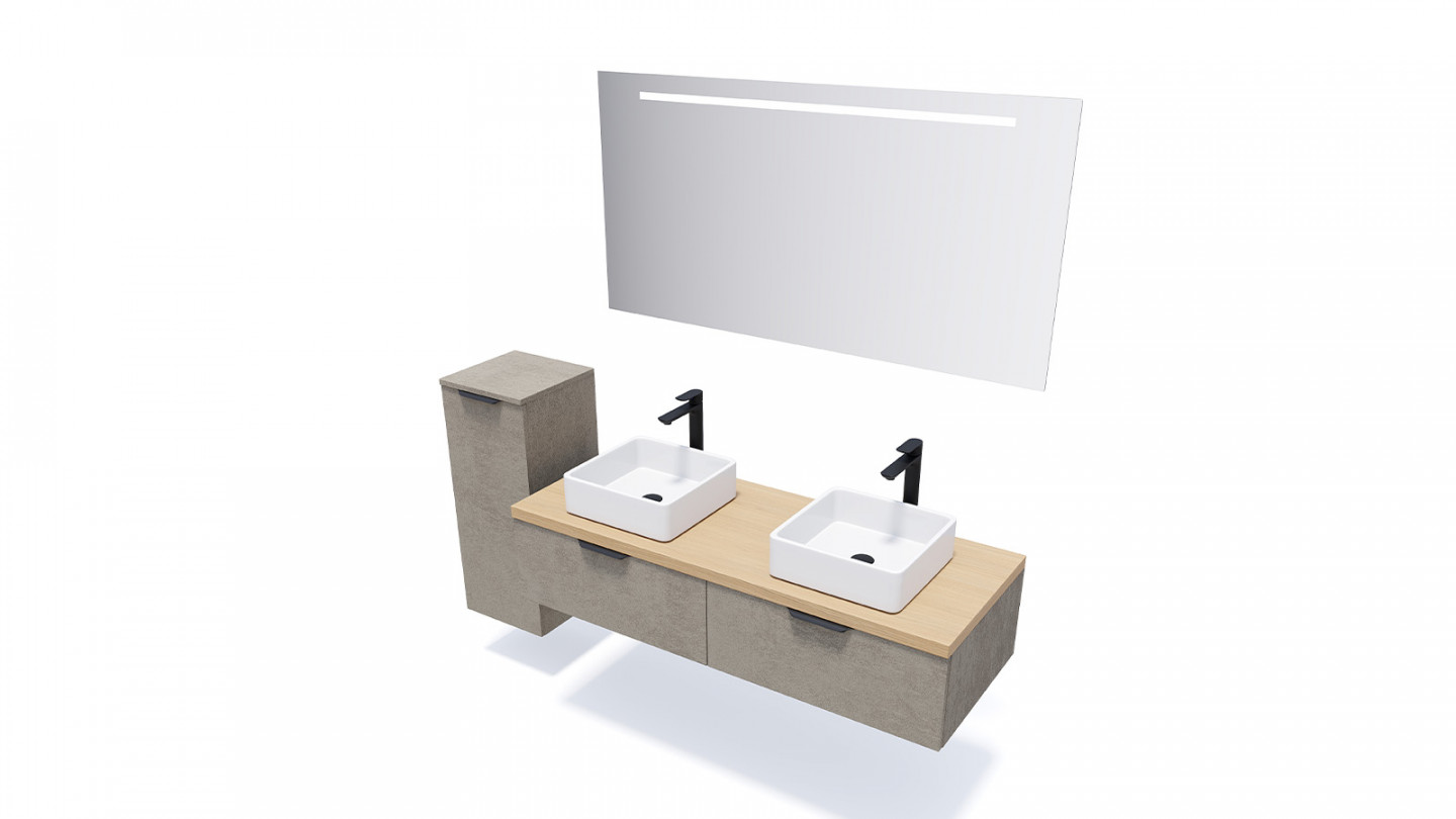 Meuble de salle de bains 140 cm Béton taloché - 2 tiroirs - 2 vasques carrées - Loft