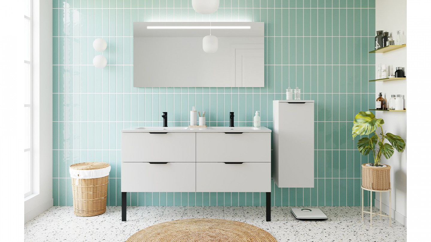 Meuble de salle de bain suspendu double vasque intégrée 140cm 4 tiroirs  Blanc + miroir + colonne ouverture droite - Soho - Homifab