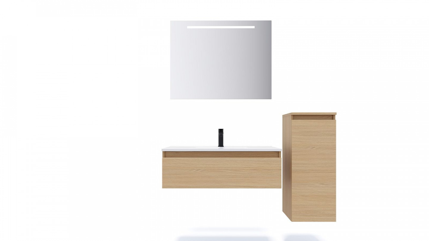 Ensemble meuble 90 cm blanc en bois et son miroir tablette