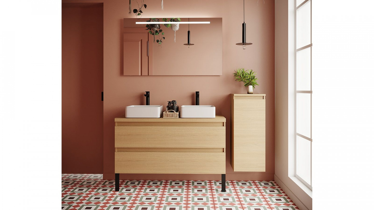 Meuble de salle de bain suspendu 2 vasques à poser 120cm 2 tiroirs Chêne clair + miroir + colonne ouverture droite - Rivage