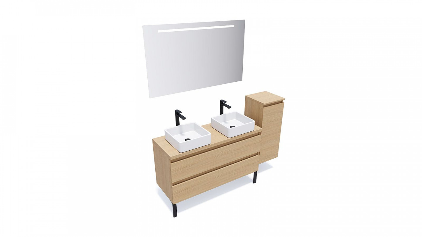 Meuble de salle de bain suspendu 2 vasques à poser 120cm 2 tiroirs Chêne clair + miroir + colonne ouverture droite - Rivage