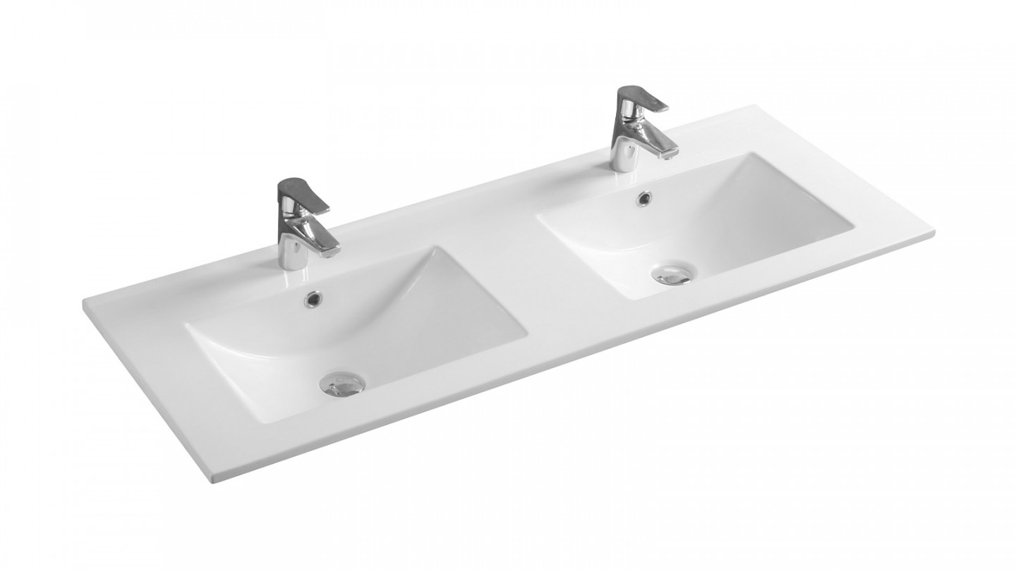 Meuble de salle de bain suspendu avec pieds double vasque intégrée 120cm 3 portes Chêne clair + miroir - Chango