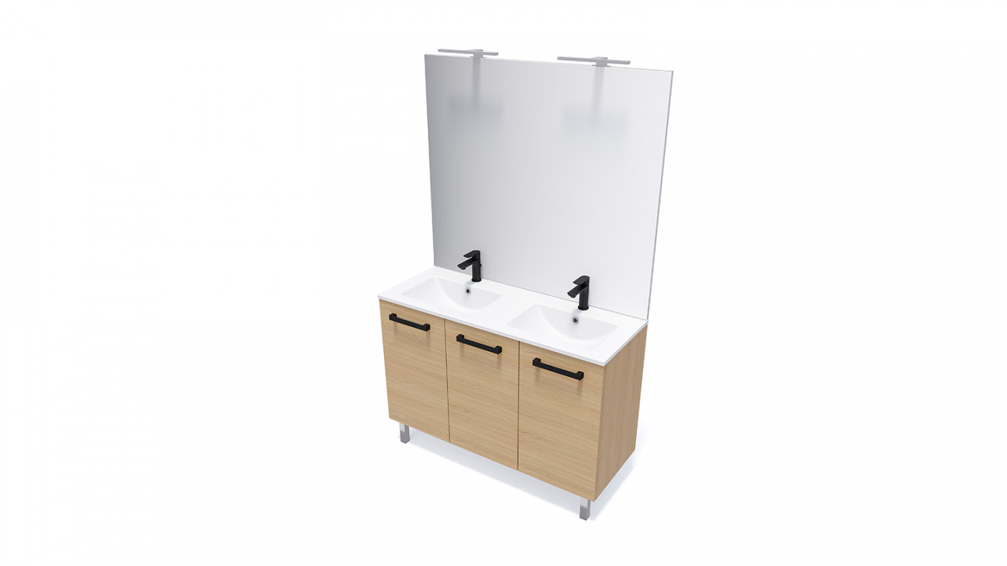 Meuble de salle de bain suspendu avec pieds double vasque intégrée 120cm 3 portes Chêne clair + miroir - Chango