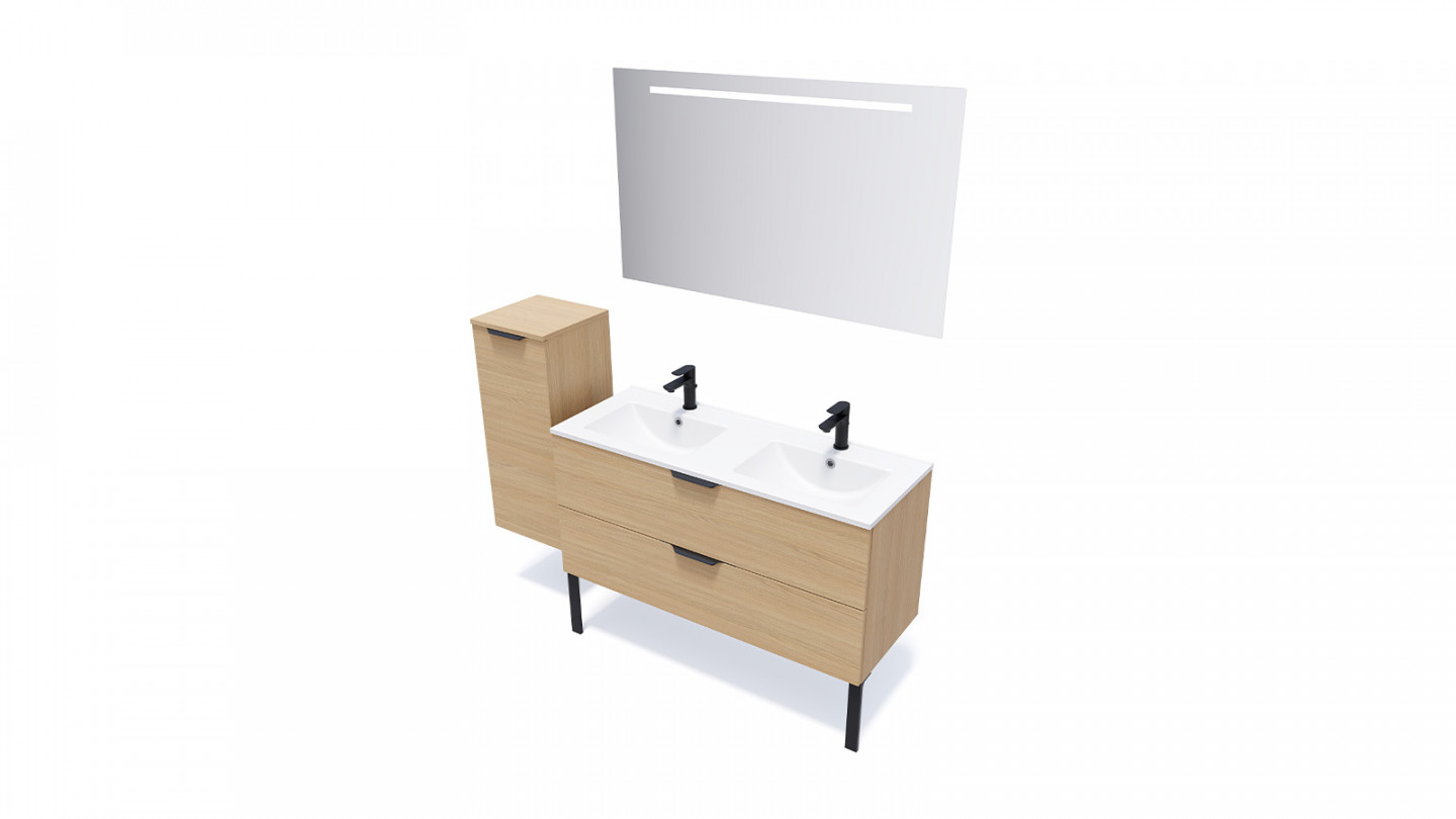 Meuble de salle de bain suspendu double vasque intégrée 120cm 2 tiroirs Chêne clair - Swing