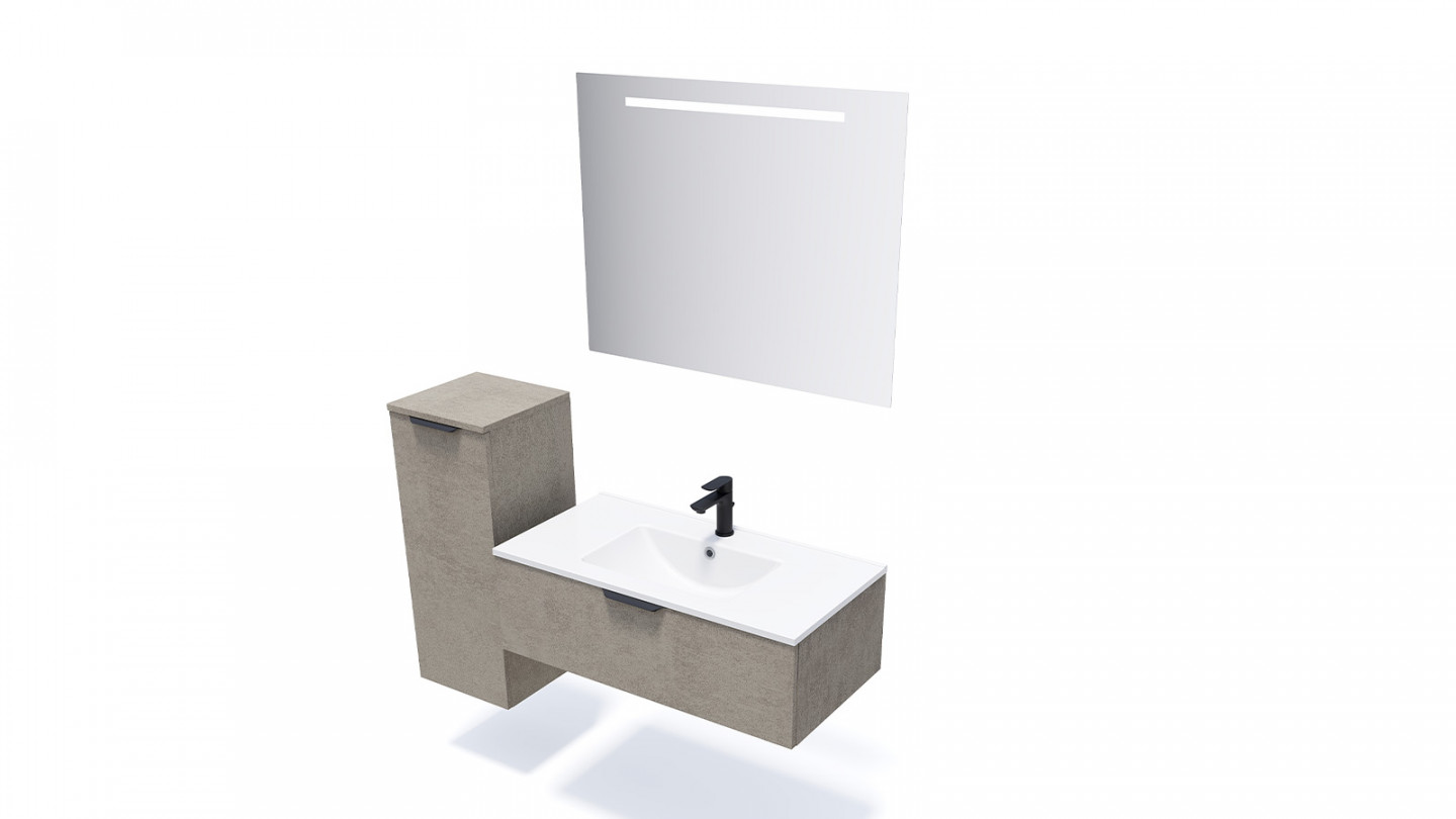 Meuble de salle de bain suspendu vasque intégrée 90cm 1 tiroir façon Béton + miroir + colonne ouverture gauche - Swing