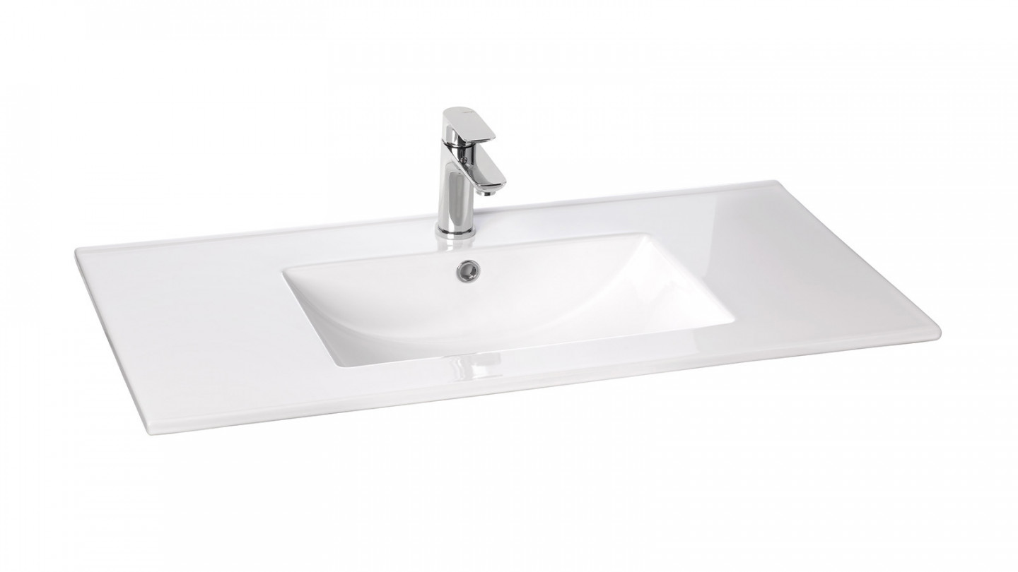 Meuble de salle de bain suspendu vasque intégrée 90cm 1 tiroir façon Béton + miroir + colonne ouverture gauche - Swing