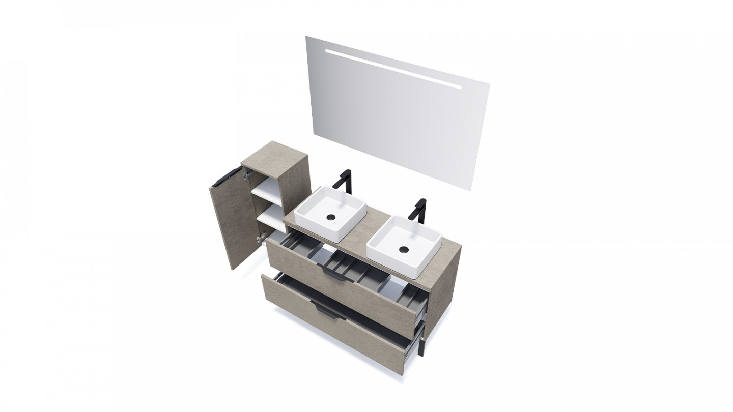 Meuble de salle de bain suspendu 2 vasques à poser 120cm 2 tiroirs façon Béton + miroir + colonne ouverture gauche - Swing