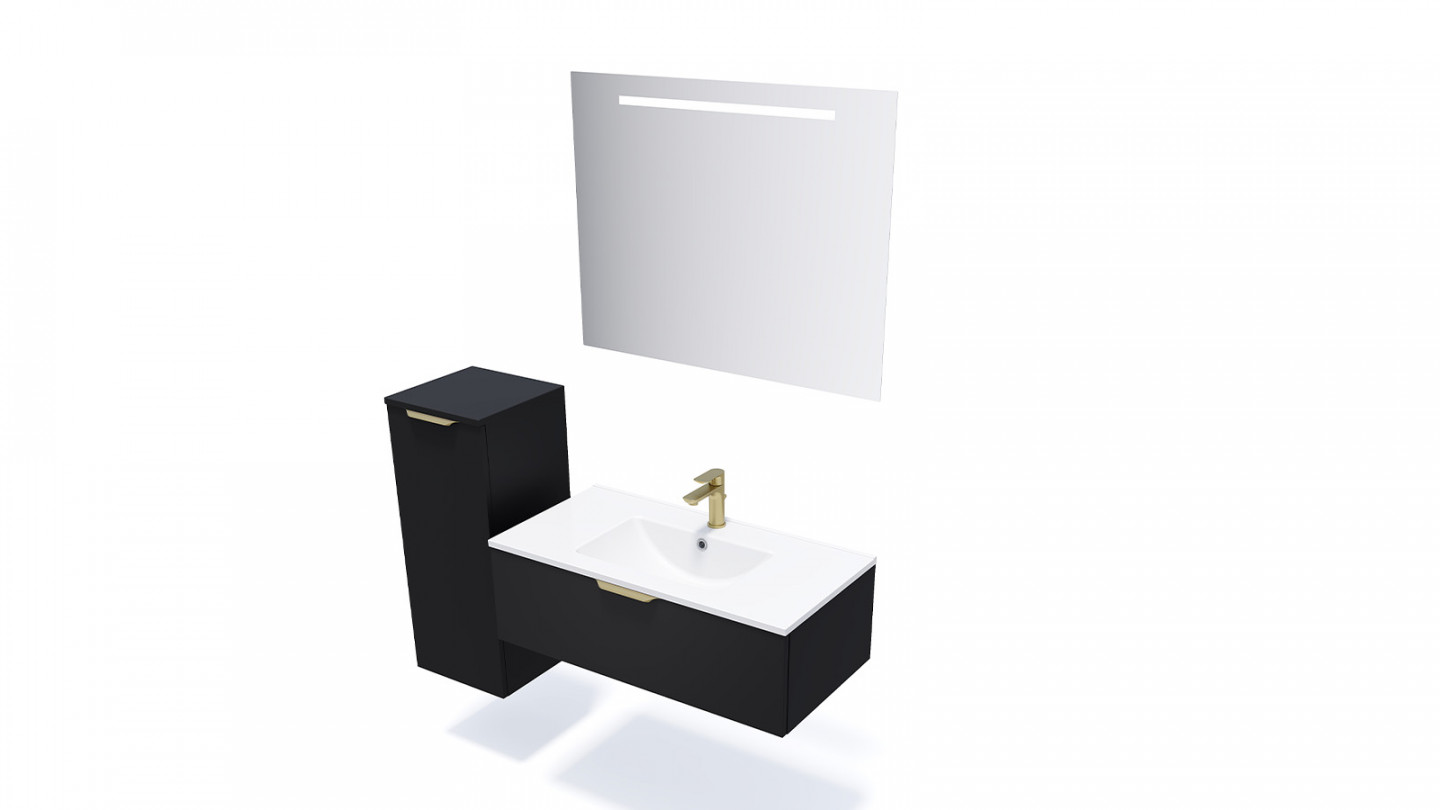 Meuble de salle de bain suspendu vasque intégrée 90cm 1 tiroir Noir + miroir + colonne ouverture gauche - Swing