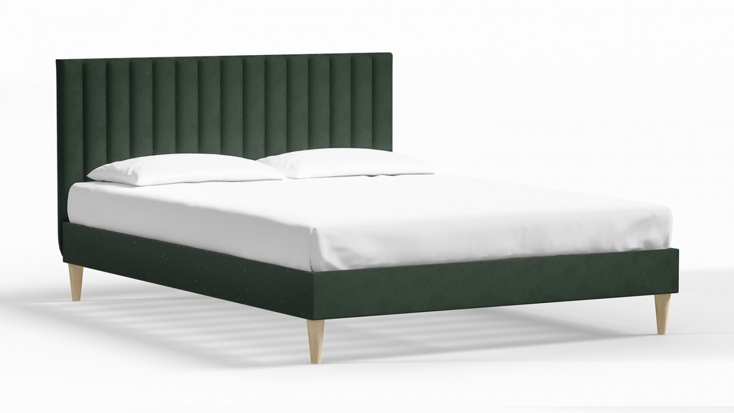 Ensemble lit adulte 140x190 cm en velours vert avec tête de lit matelassée Eliot + Matelas ressorts ensachés Mousse HR