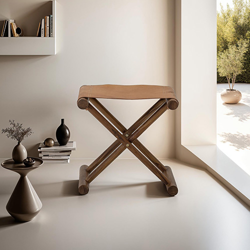 Tabouret croisé en bois et cuir marron - Collection Esma - Bloomingville