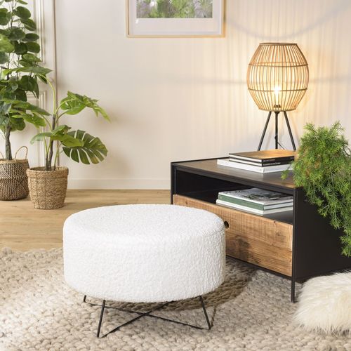 Pouf rond tissu bouclette beige pieds croisés métal noir - Albane