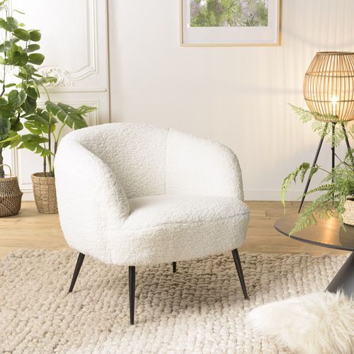 Fauteuil cosy tissu bouclette beige pieds métal noir - Albane