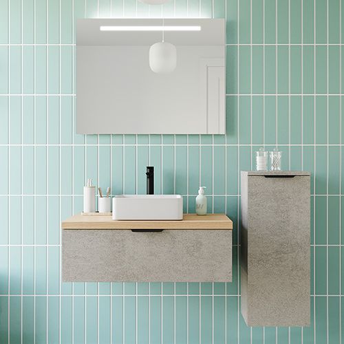 Meuble de salle de bains 90 cm Béton taloché - 1 tiroir - vasque carrée + miroir + demi-colonne ouverture à droite - Loft