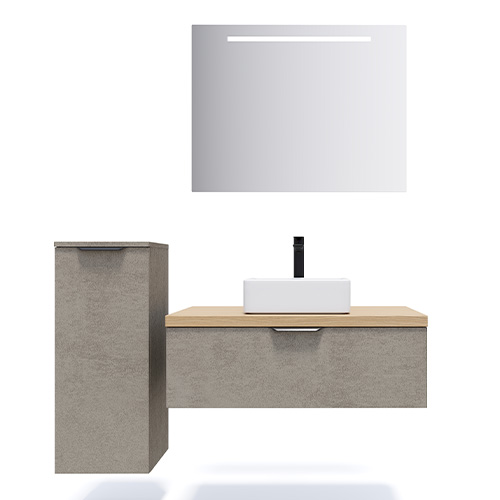 Meuble de salle de bains 90 cm Béton taloché - 1 tiroir - vasque carrée + miroir + demi-colonne ouverture à gauche - Loft