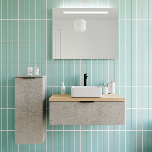 Meuble de salle de bains 90 cm Béton taloché - 1 tiroir - vasque carrée + miroir + demi-colonne ouverture à gauche - Loft