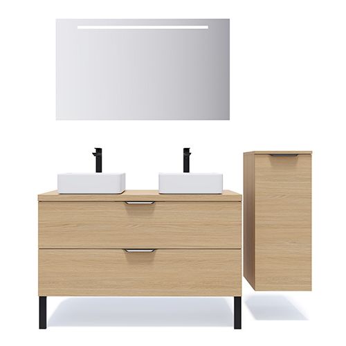 Meuble de salle de bain suspendu 2 vasques à poser 120cm 2 tiroirs Chêne clair + miroir + colonne ouverture droite - Swing
