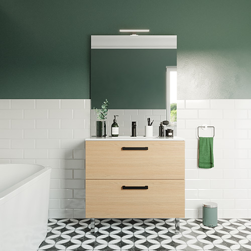 Meuble de salle de bain suspendu avec pieds vasque intégrée 90cm 2 tiroirs Chêne clair - Chango